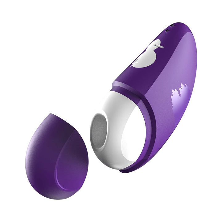 Purple ROMP Discreet Suction Vibrator with removable silicone suction head and white control buttons shown with cap off.