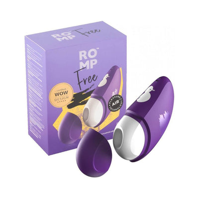 Purple ROMP Free clitoral air pulsation vibrator with removable suction head and matching purple packaging box.