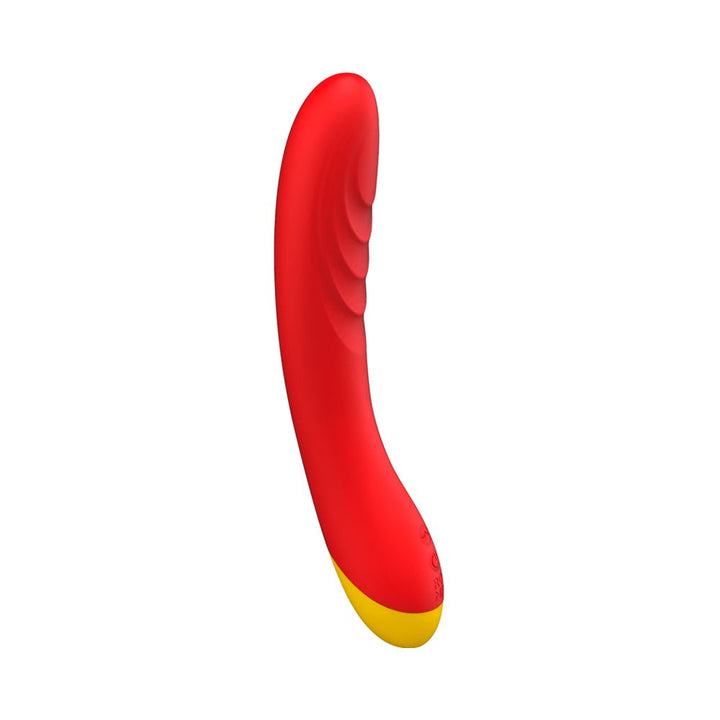 Red and yellow ergonomic rechargeable G-spot vibrator with textured silicone tip and two-button control panel.