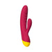 Magenta and yellow dual-stimulation rabbit vibrator with textured shaft and ergonomic design.