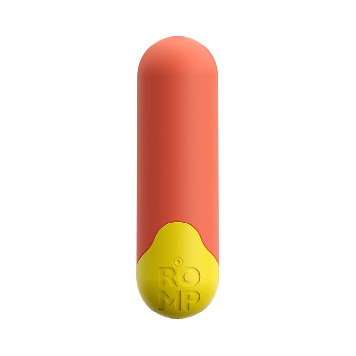 Compact ROMP Riot rechargeable bullet vibrator in light orange with yellow base, sleek and travel-friendly design.