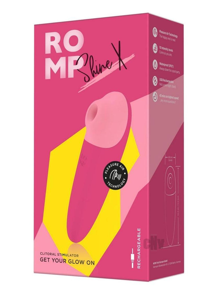 Pink ROMP Shine X clitoral stimulator packaging highlighting Pleasure Air Technology and rechargeable design.