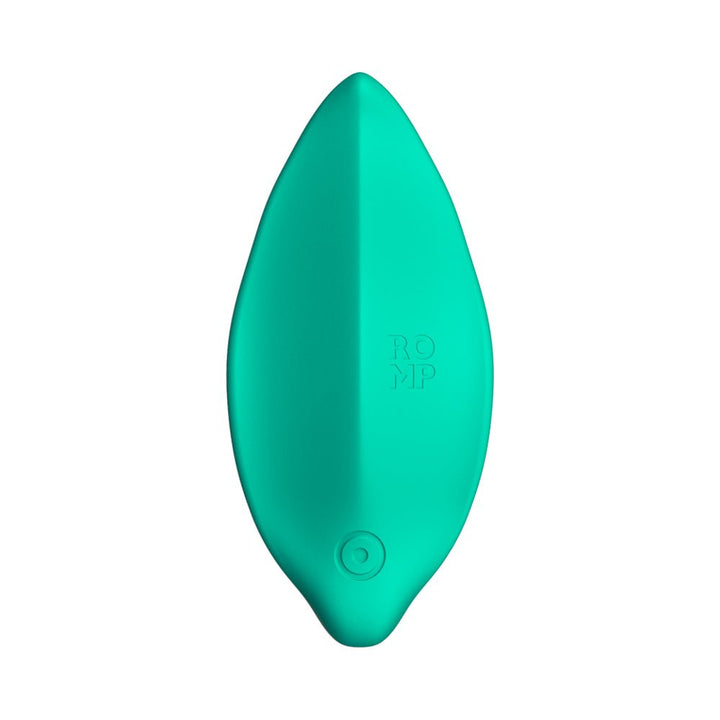 Leaf-shaped mint green Romp Wave vibrator with smooth silicone surface and single button control.