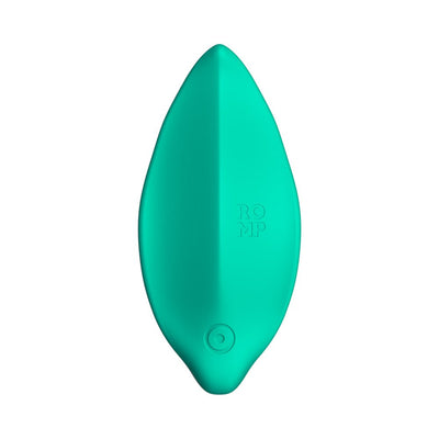 Leaf-shaped mint green Romp Wave vibrator with smooth silicone surface and single button control.