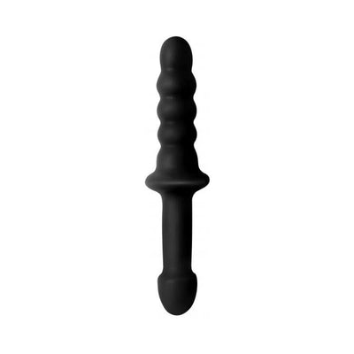 Black double-ended textured pleasure toy with rounded tips and flared middle handle for safe use.