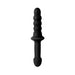 Black double-ended textured pleasure toy with rounded tips and flared middle handle for safe use.