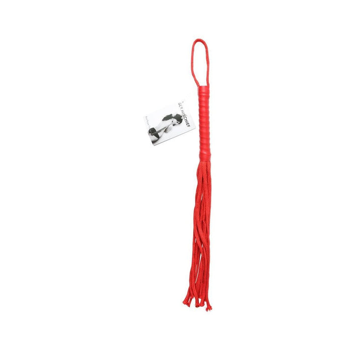 Red faux leather rope flogger with loop handle and multiple soft strands for sensual play.