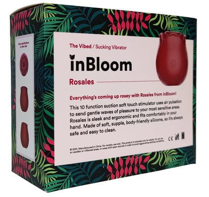 Packaging box of the In Bloom Rosales rose-shaped sucking vibrator with floral and leaf design accents.