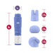 Blue compact massage device with three interchangeable silicone attachments and size measurements shown.