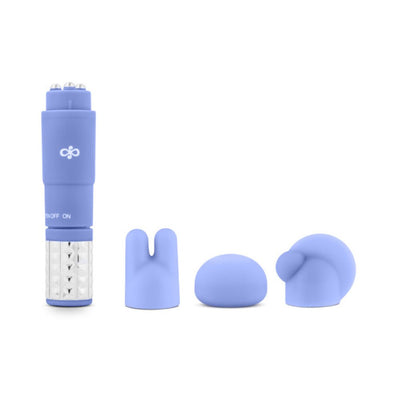 Blue compact massage device with three interchangeable silicone attachments for customized relaxation and targeted tension relief.