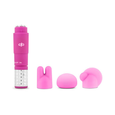 Pink handheld massage device with three interchangeable silicone attachments for targeted relaxation and soothing vibrations.