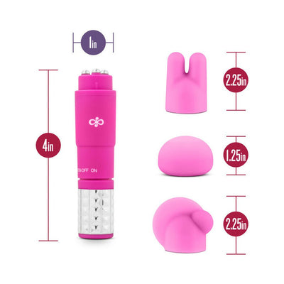 Pink compact massage device with three interchangeable silicone attachments, shown with size measurements on a white background.