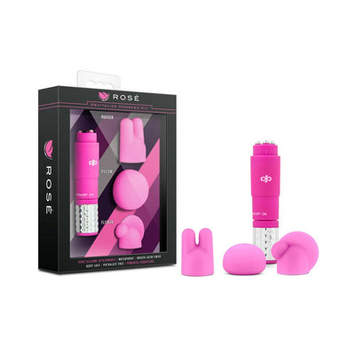 Blush Rose Revitalize Massage Kit with pink vibrator and three silicone attachments displayed next to black and pink packaging box.