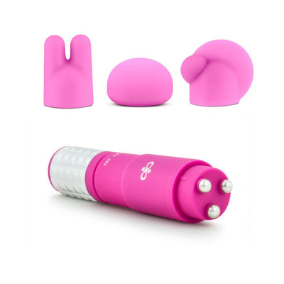 Pink handheld massage device with three interchangeable silicone attachments for customized relaxation and targeted tension relief.