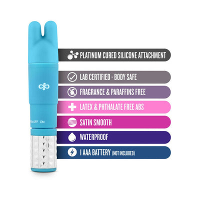 Blue silicone massage wand with platinum cured attachment and features like waterproof, body safe, and satin smooth finish.