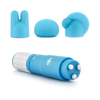 Blue handheld massage device with three interchangeable silicone attachments for targeted relaxation and soothing vibrations.