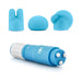 Blue handheld massage device with three interchangeable silicone attachments for targeted relaxation and soothing vibrations.