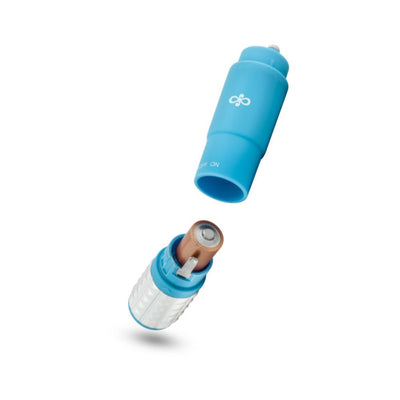 Blue compact personal massager with removable cap and visible AA battery inside on white background.