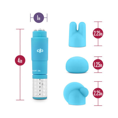 Blue compact massage device with three interchangeable silicone attachments and size measurements shown.