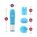 Blue compact massage device with three interchangeable silicone attachments and size measurements shown.