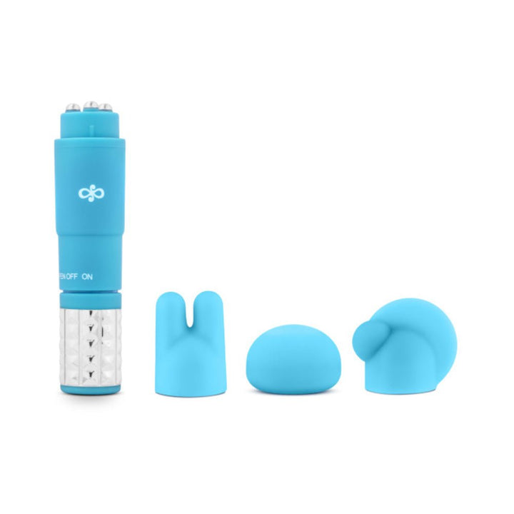 Blue compact massage device with three interchangeable silicone attachments for customized relaxation and targeted vibration therapy.