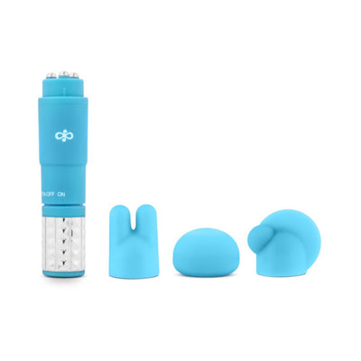 Blue compact massage device with three interchangeable silicone attachments for customized relaxation and targeted vibration therapy.