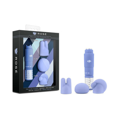 Blush Rose Revitalize Massage Kit with three silicone attachments and compact blue vibrator in sleek black packaging.