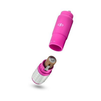 Pink compact massage device with removable battery compartment shown against white background.