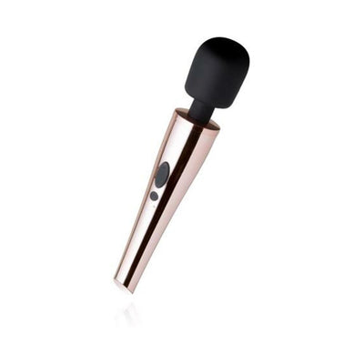 Rosy Gold Nouveau Wand Massager with flexible black silicone head and sleek metallic handle with control buttons.