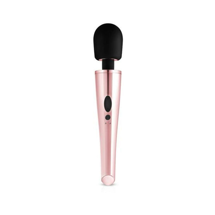Rosy Gold Nouveau Wand Massager with flexible black silicone head and sleek metallic rose gold handle.