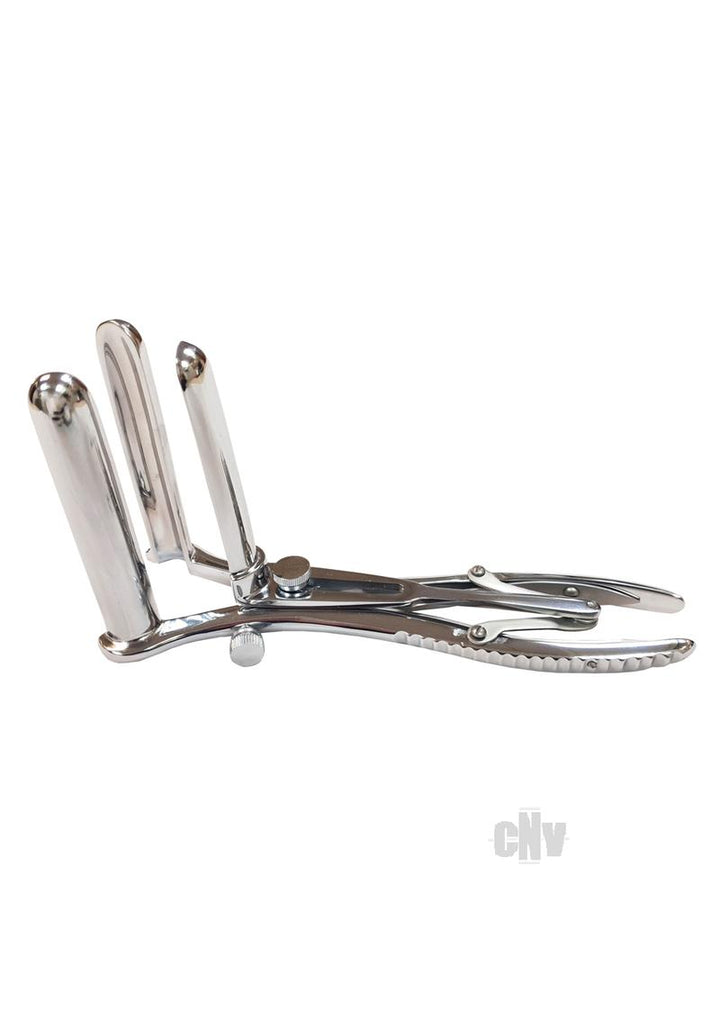 Stainless steel 3 prong Mathieu speculum with sprung handle and locking screw for controlled adjustment.