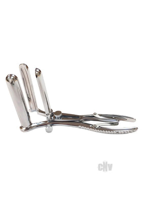 Stainless steel 3 prong Mathieu speculum with sprung handle and locking screw for controlled adjustment.