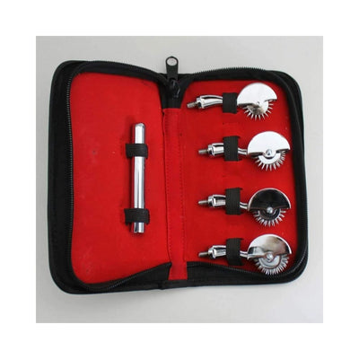 Set of four interchangeable stainless steel pinwheel attachments with a handle, neatly organized in a red and black zippered carrying case.