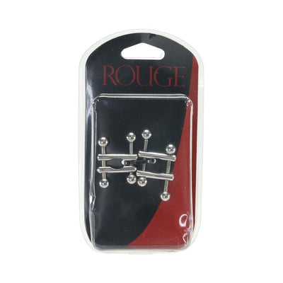 Rouge adjustable ball end nipple clamps in silver metal with screw tension control, packaged on black and red card.