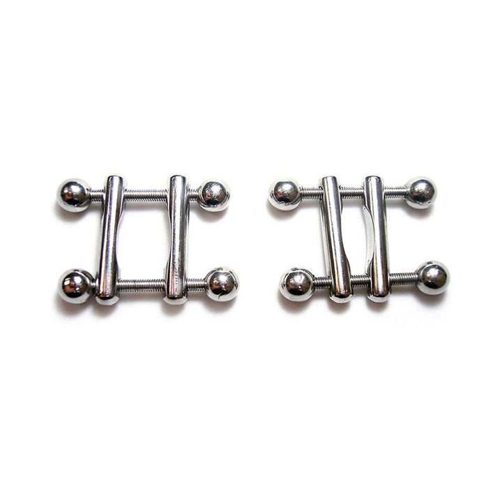 Pair of adjustable silver metal ball end nipple clamps with screw tension for customizable pressure.