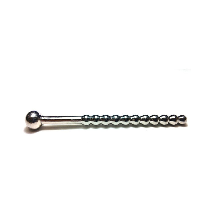 Stainless steel urethral sound with beaded ribbed shaft and rounded stopper ball on white background.