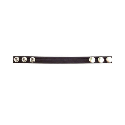 Black leather adjustable strap with three silver snap buttons on each end, laid flat on white background.