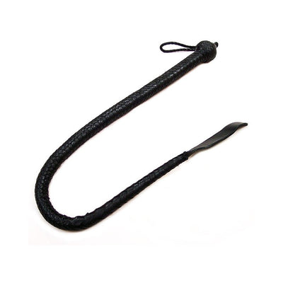 Black hand braided genuine leather devil tail whip with loop wrist strap and tapered tip, 36-inch length.