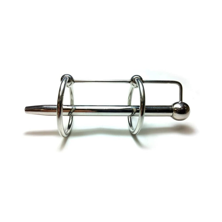 Stainless steel urethral sound with two rings and a rounded tip, designed for comfort and secure fit.