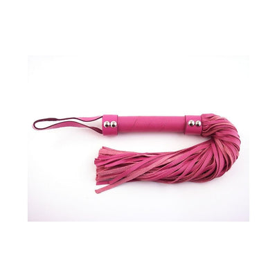 Pink leather flogger with multiple soft tails and a wrist loop handle, designed for controlled sensation play.