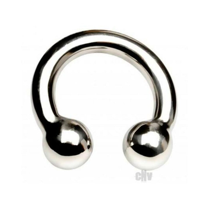 Stainless steel horseshoe-shaped ring with two smooth rounded ends, polished finish, 1.96 inches wide.