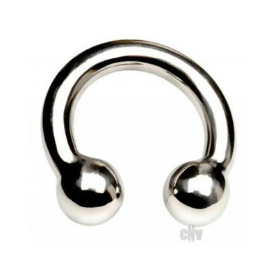 Stainless steel horseshoe-shaped ring with two smooth rounded ends, polished finish, 1.96 inches wide.