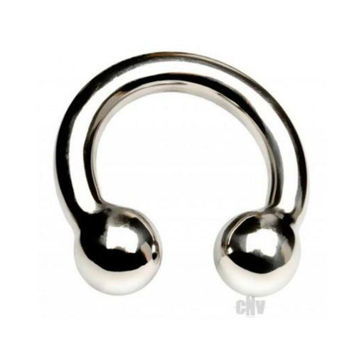 Stainless steel horseshoe-shaped ring with two smooth rounded ends, polished finish, 1.96 inches wide.