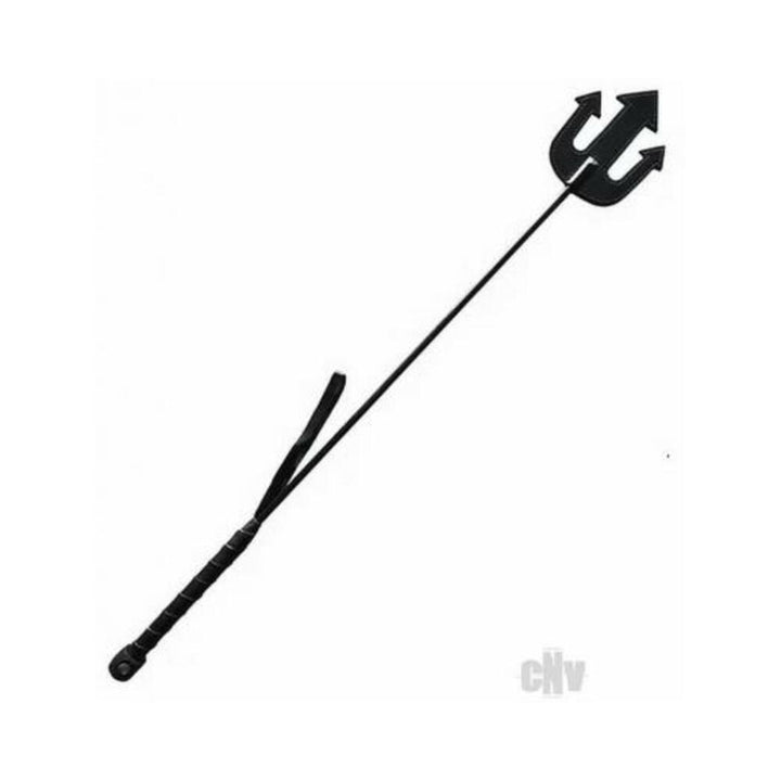 Black riding crop with a leather-wrapped handle and a devil trident-shaped tip.