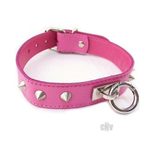 Pink leather collar with silver riveted studs and a removable O-ring detail