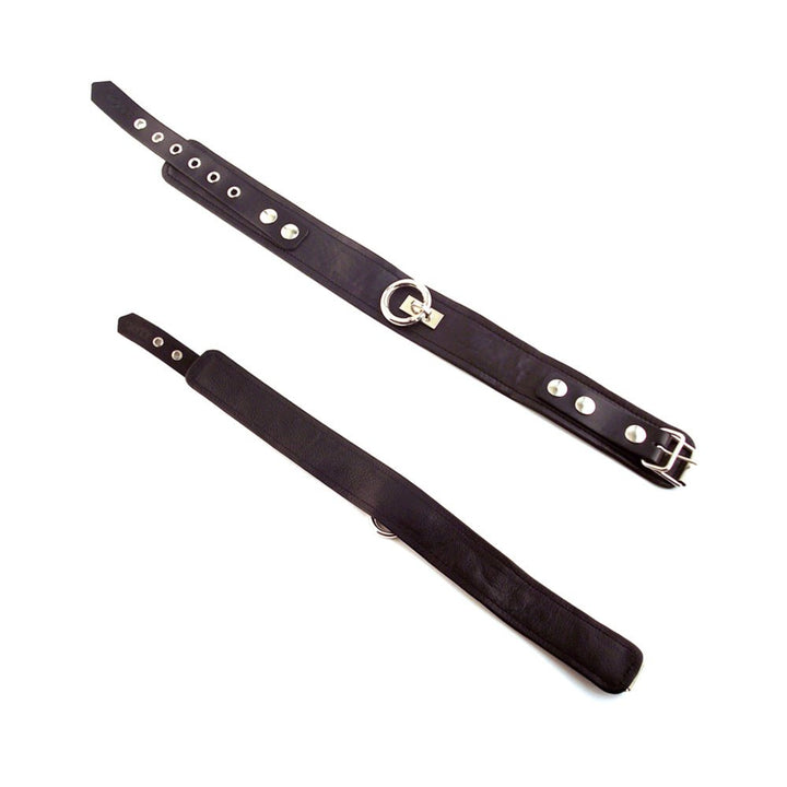 Black leather collar with removable silver O-ring and adjustable buckle strap shown from front and back.