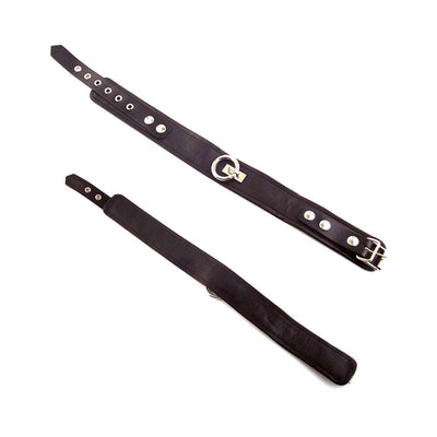 Black leather collar with removable silver O-ring and adjustable buckle strap shown from front and back.