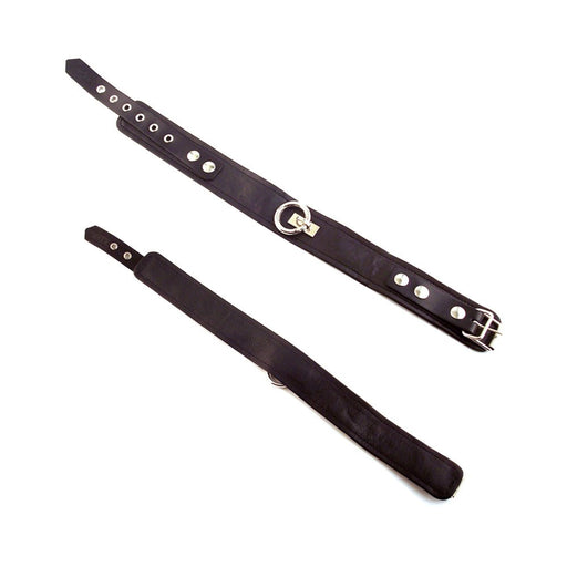 Black leather collar with removable silver O-ring and adjustable buckle strap shown from front and back.