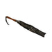 Black leather flogger with multiple tassels and a polished wooden handle with wrist loop.