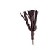 Black leather riding crop with multiple leather strips and a rounded wooden handle on a white background.